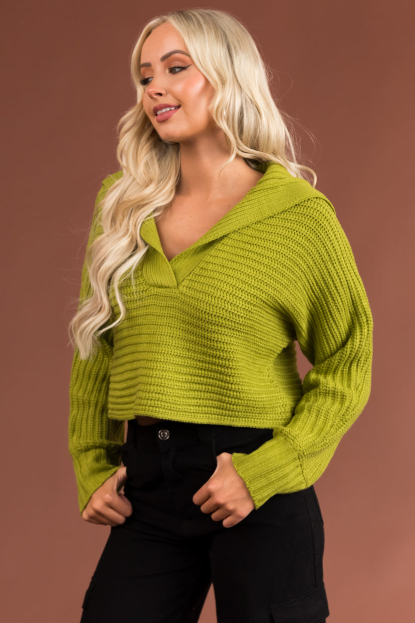 Dark Lime Collared V Neck Cropped Knit Sweater