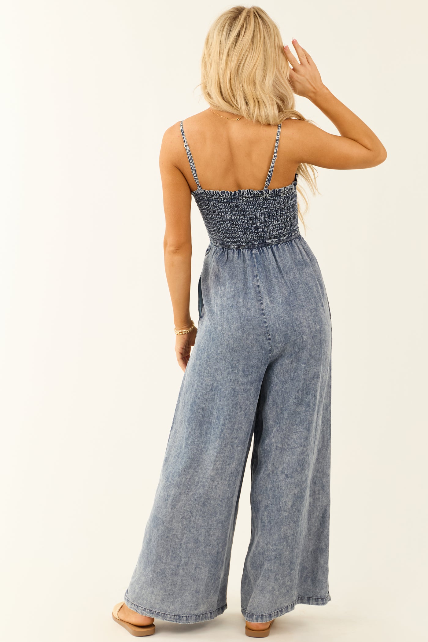 Dark Mineral Wash Smocked Wide Leg Jumpsuit