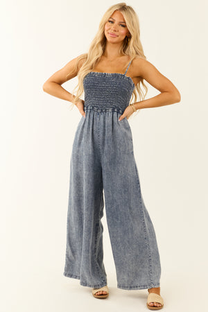 Dark Mineral Wash Smocked Wide Leg Jumpsuit