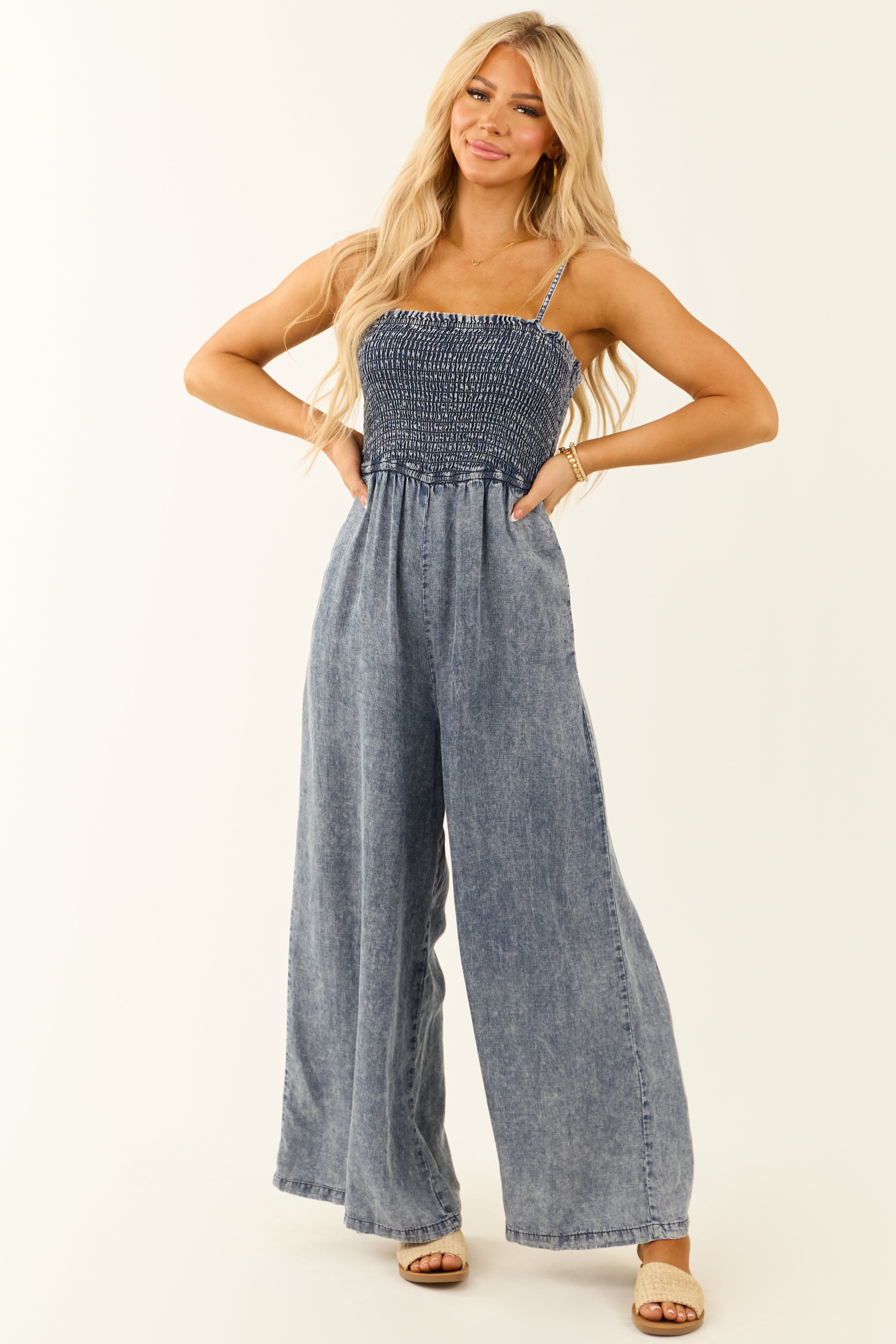 Dark Mineral Wash Smocked Wide Leg Jumpsuit