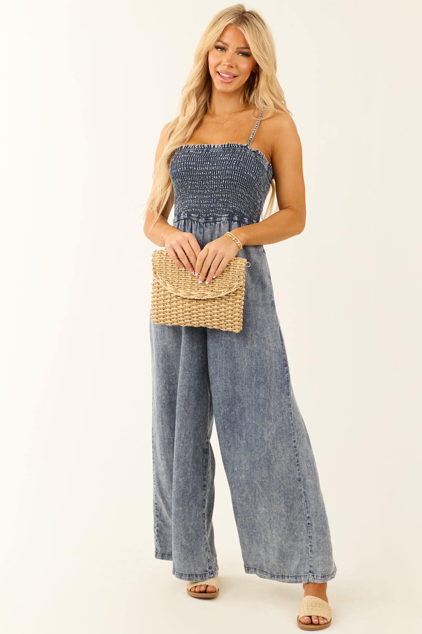 Dark Mineral Wash Smocked Wide Leg Jumpsuit