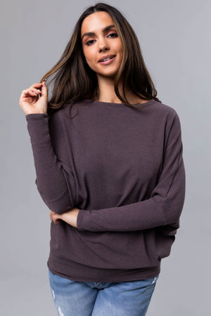 Dark Mocha Round Neck Knit Top with Long Dolman Sleeves