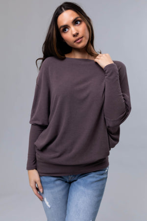 Dark Mocha Round Neck Knit Top with Long Dolman Sleeves