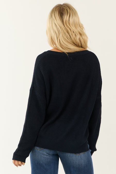 Dark Navy V Neck Chest Pocket Knit Sweater