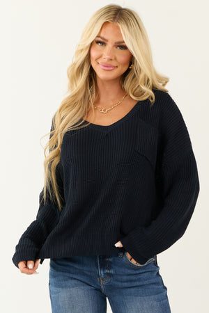 Dark Navy V Neck Chest Pocket Knit Sweater