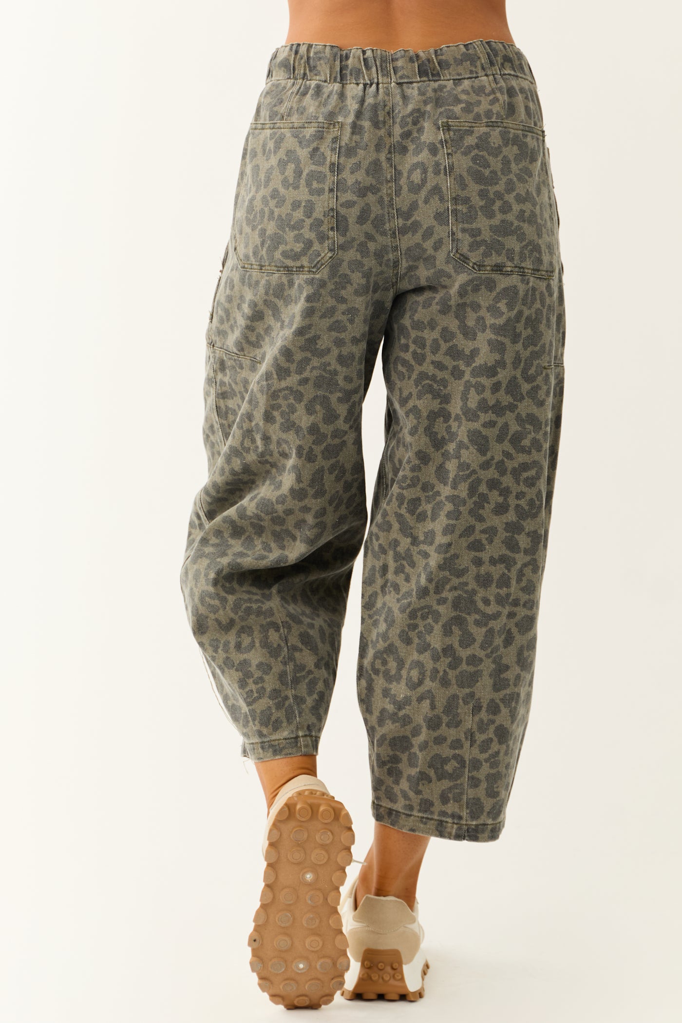 Dark Olive Leopard Print Loose Fit Cropped Denim Pants