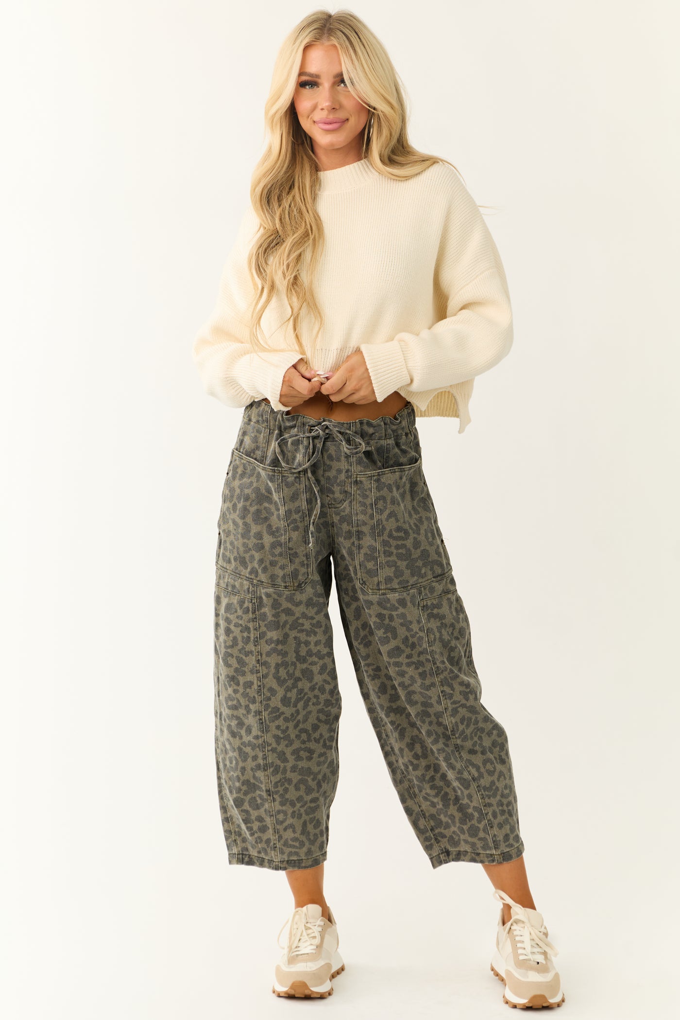 Dark Olive Leopard Print Loose Fit Cropped Denim Pants