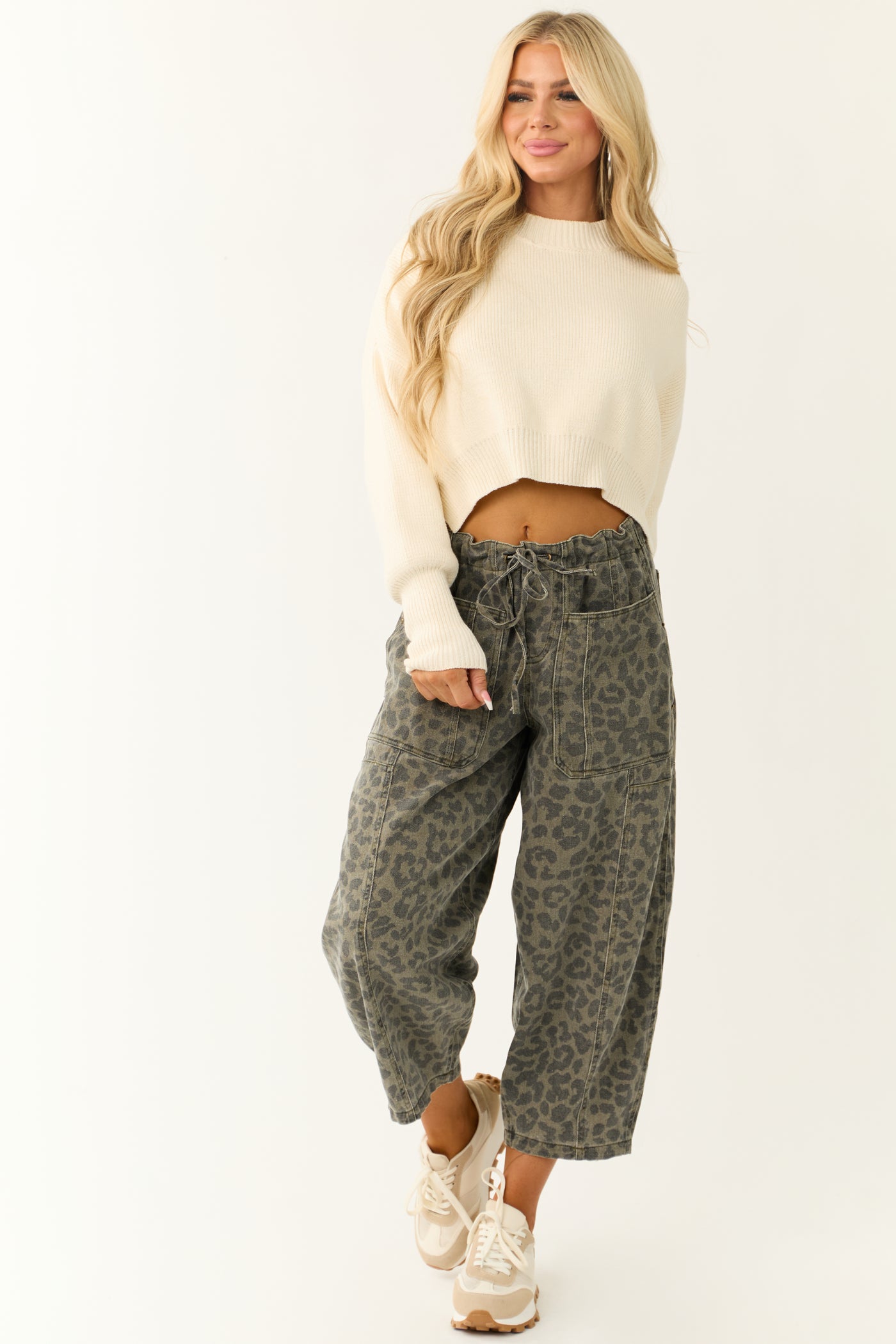 Dark Olive Leopard Print Loose Fit Cropped Denim Pants