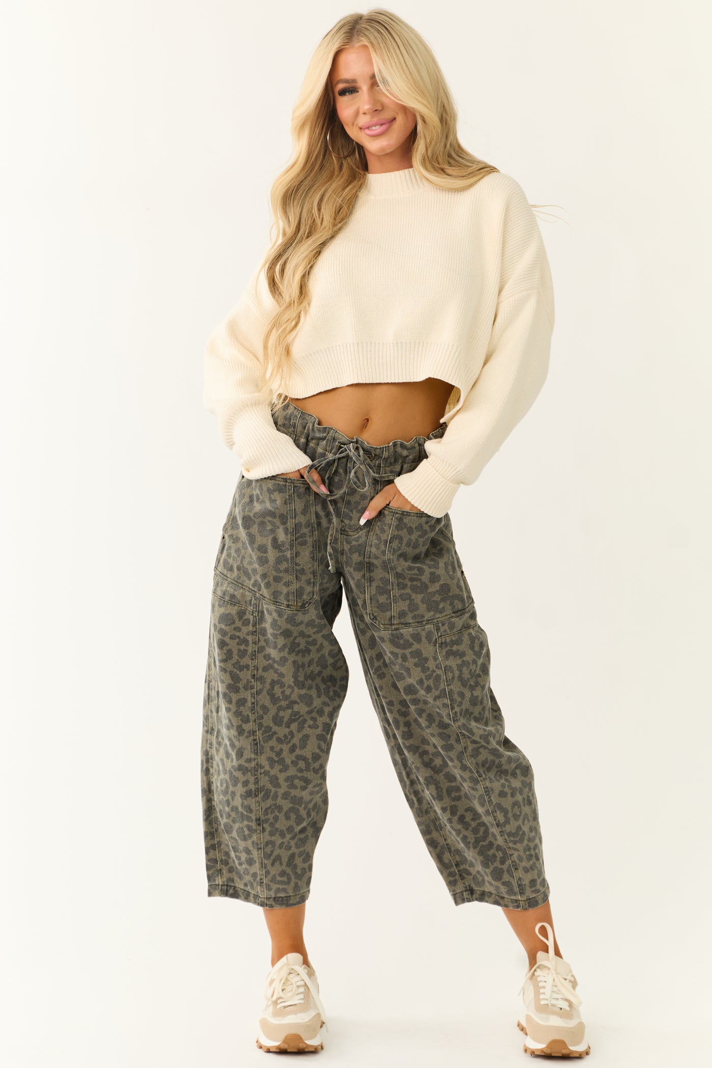 Dark Olive Leopard Print Loose Fit Cropped Denim Pants