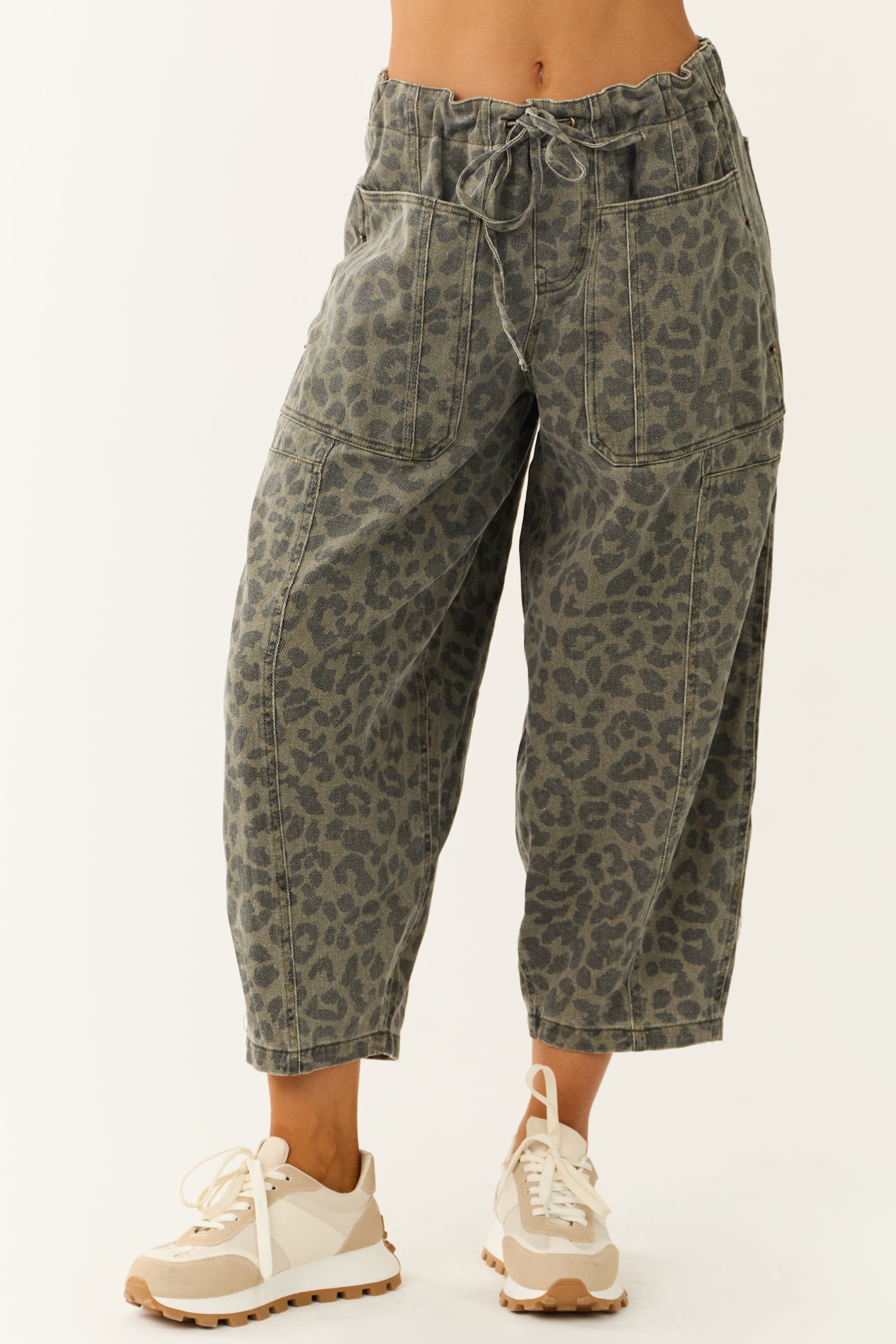 Dark Olive Leopard Print Loose Fit Cropped Denim Pants