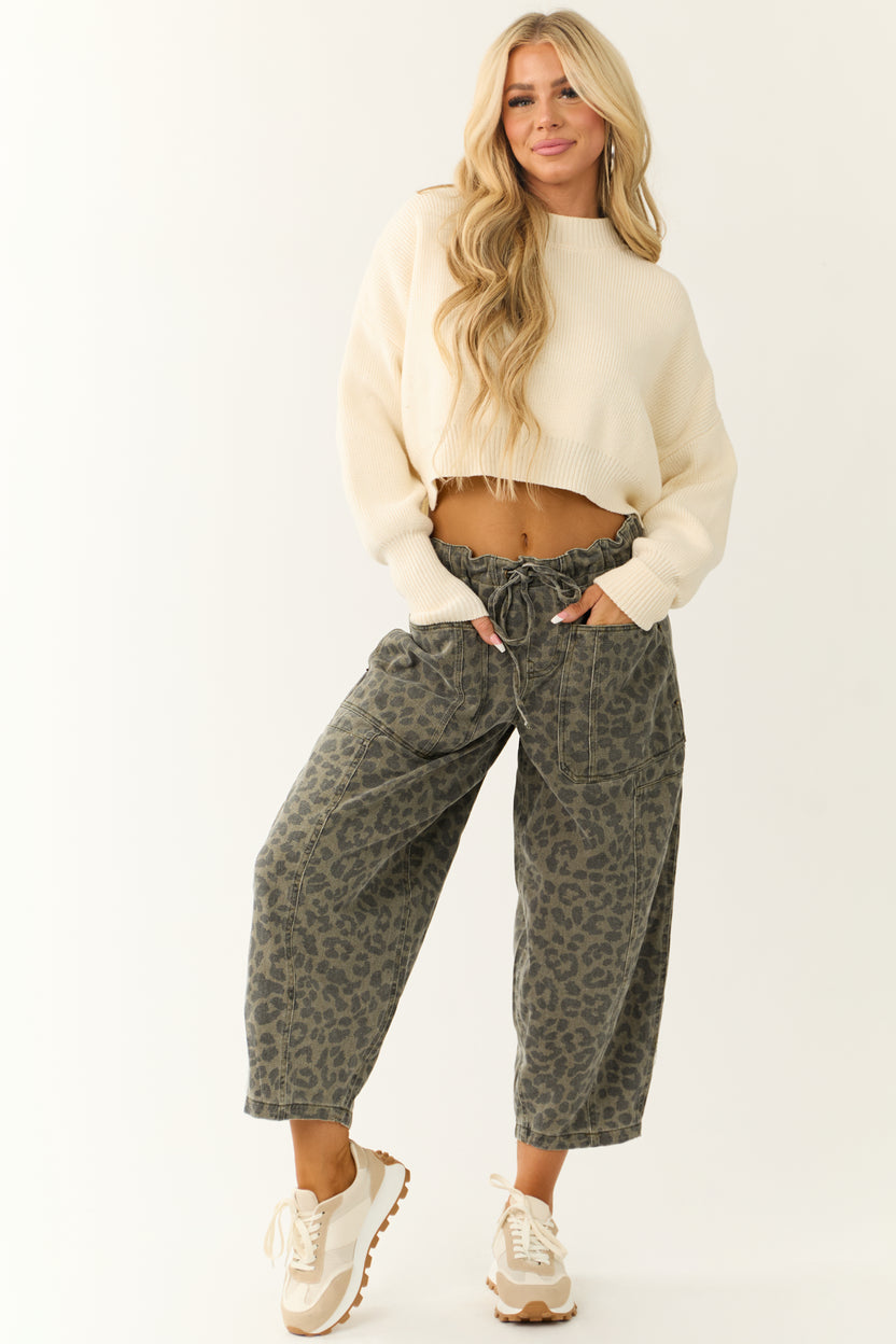 Dark Olive Leopard Print Loose Fit Cropped Denim Pants