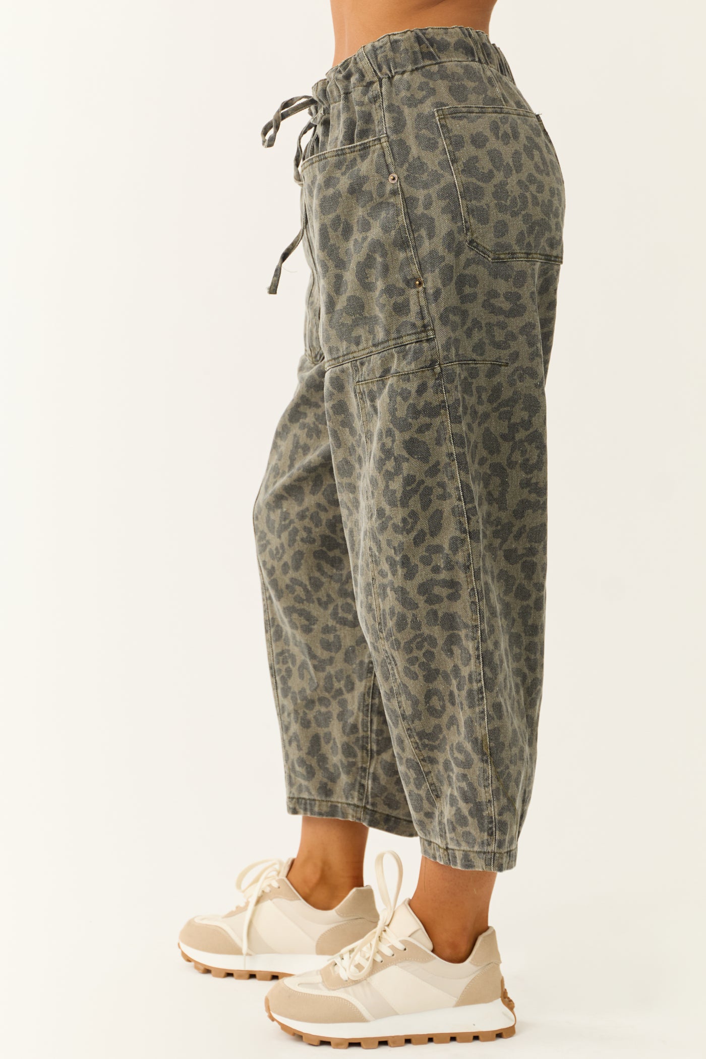 Dark Olive Leopard Print Loose Fit Cropped Denim Pants