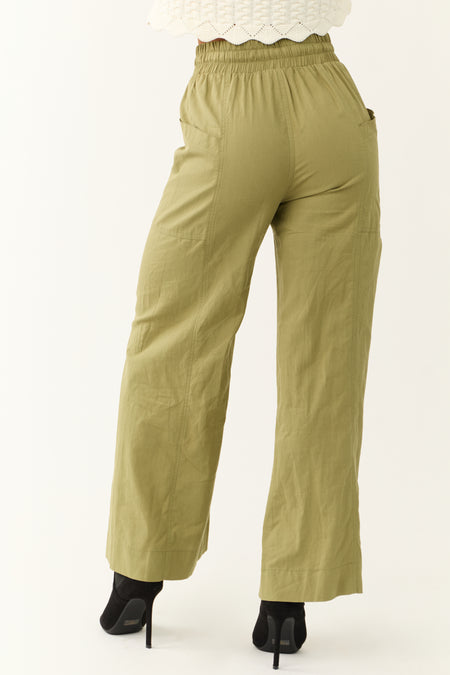 Dark Pistachio Wide Leg Drawstring Waist Pants