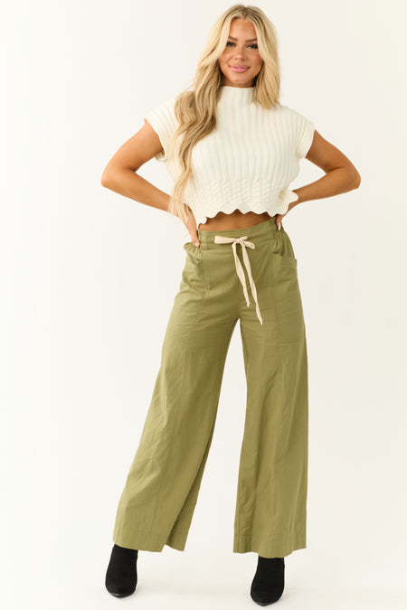 Dark Pistachio Wide Leg Drawstring Waist Pants