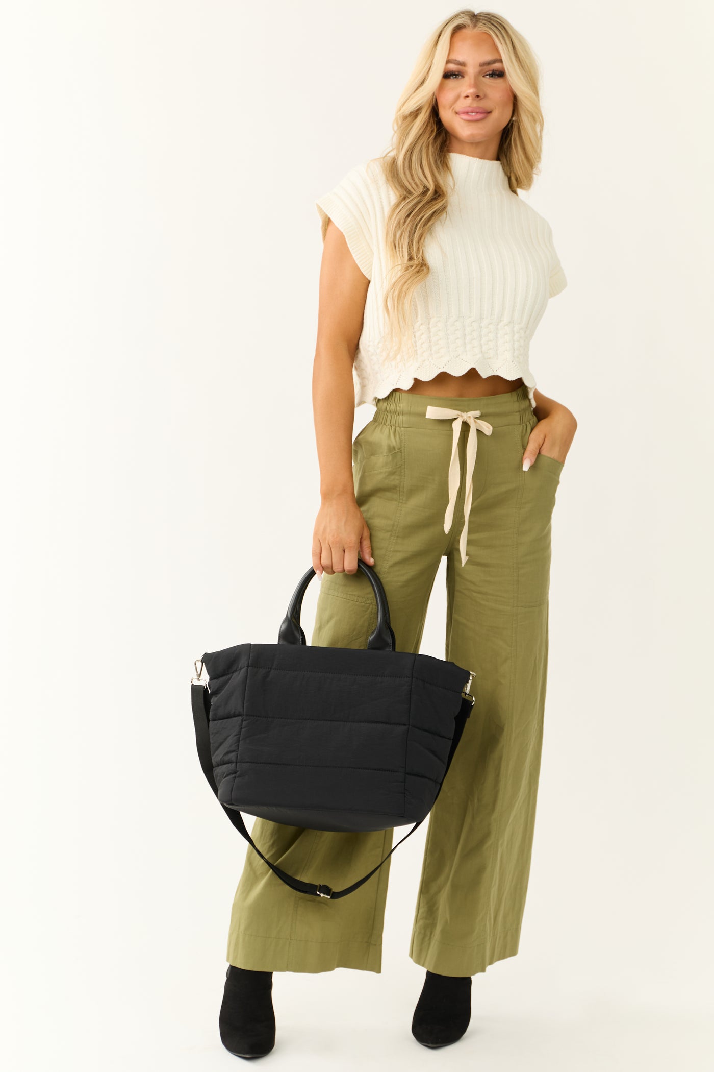 Dark Pistachio Wide Leg Drawstring Waist Pants