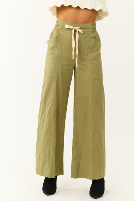 Dark Pistachio Wide Leg Drawstring Waist Pants