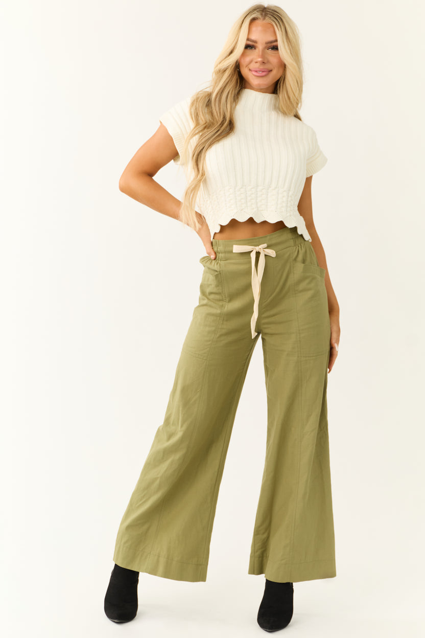 Dark Pistachio Wide Leg Drawstring Waist Pants