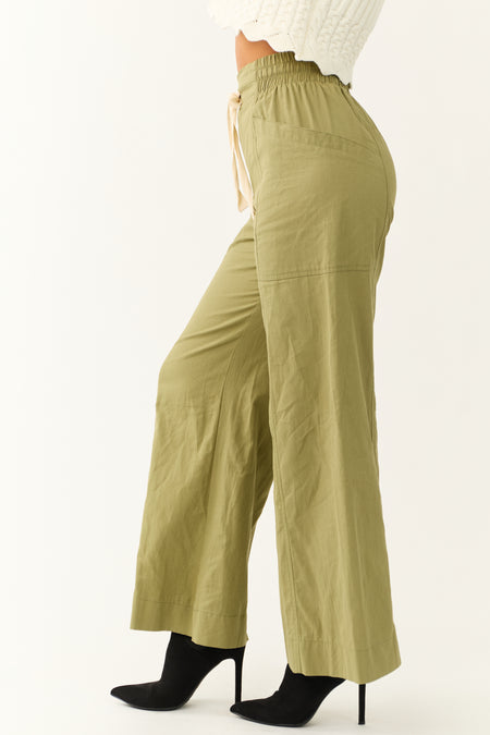 Dark Pistachio Wide Leg Drawstring Waist Pants