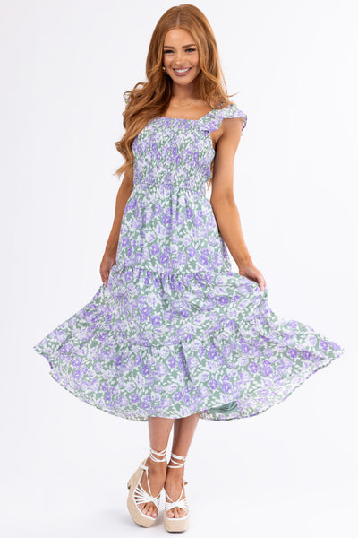 Dark Sage Floral Pattern Smocked Midi Dress