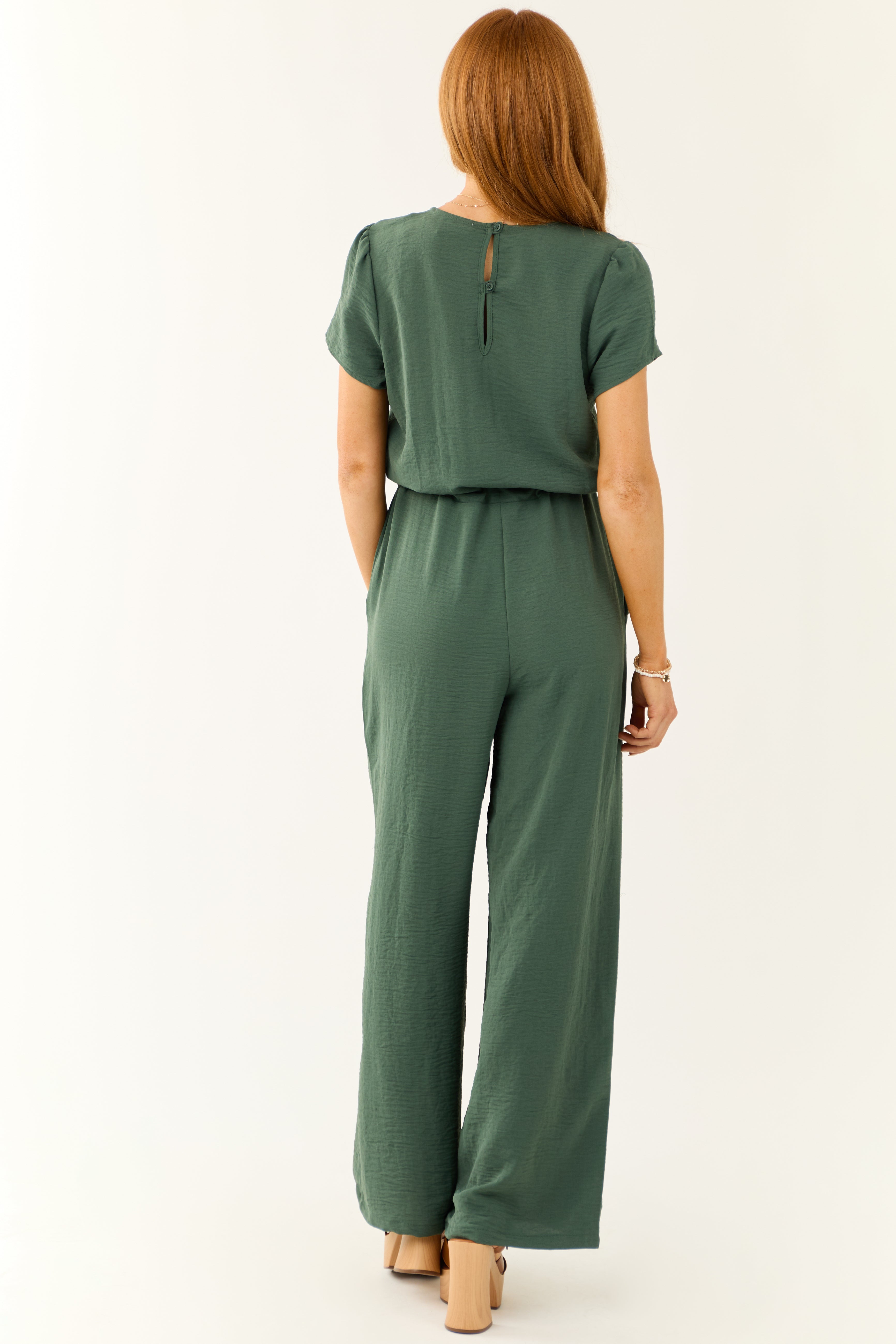 Dark Sage Surplice Wide Leg Crinkle Jumpsuit