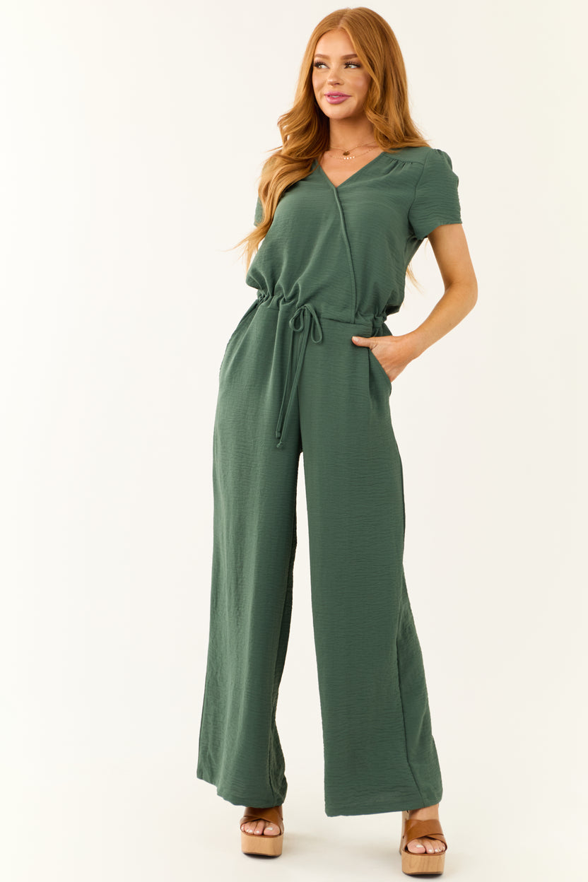 Dark Sage Surplice Wide Leg Crinkle Jumpsuit