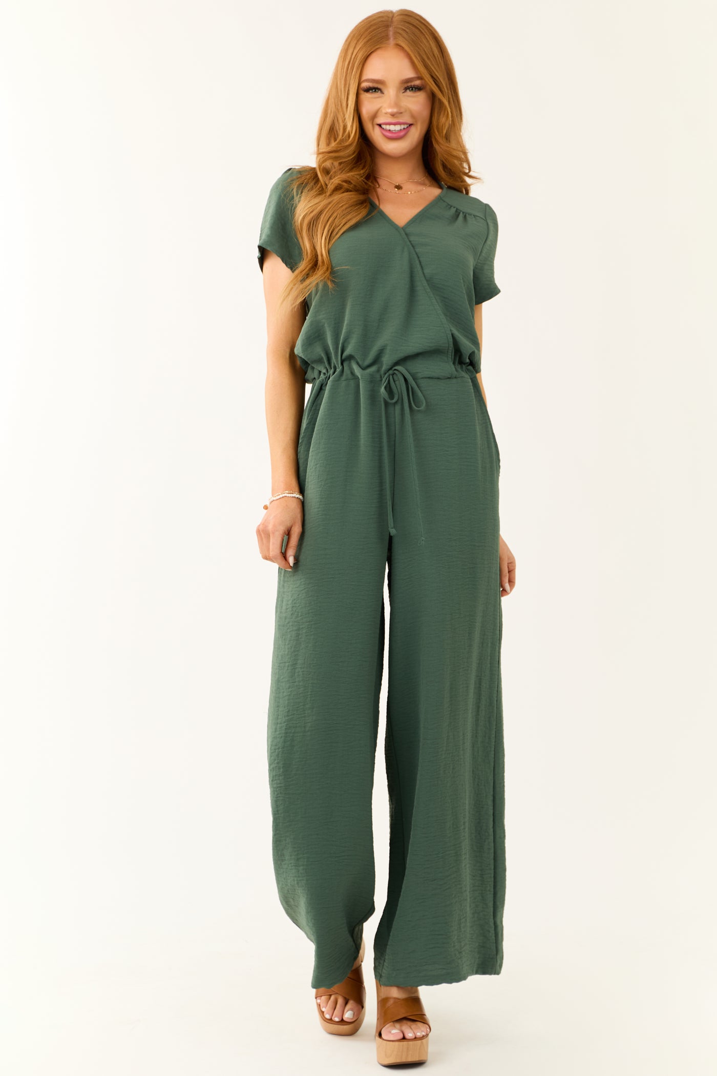 Dark Sage Surplice Wide Leg Crinkle Jumpsuit