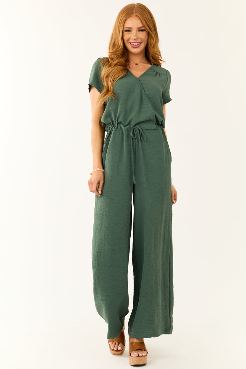 Dark Sage Surplice Wide Leg Crinkle Jumpsuit