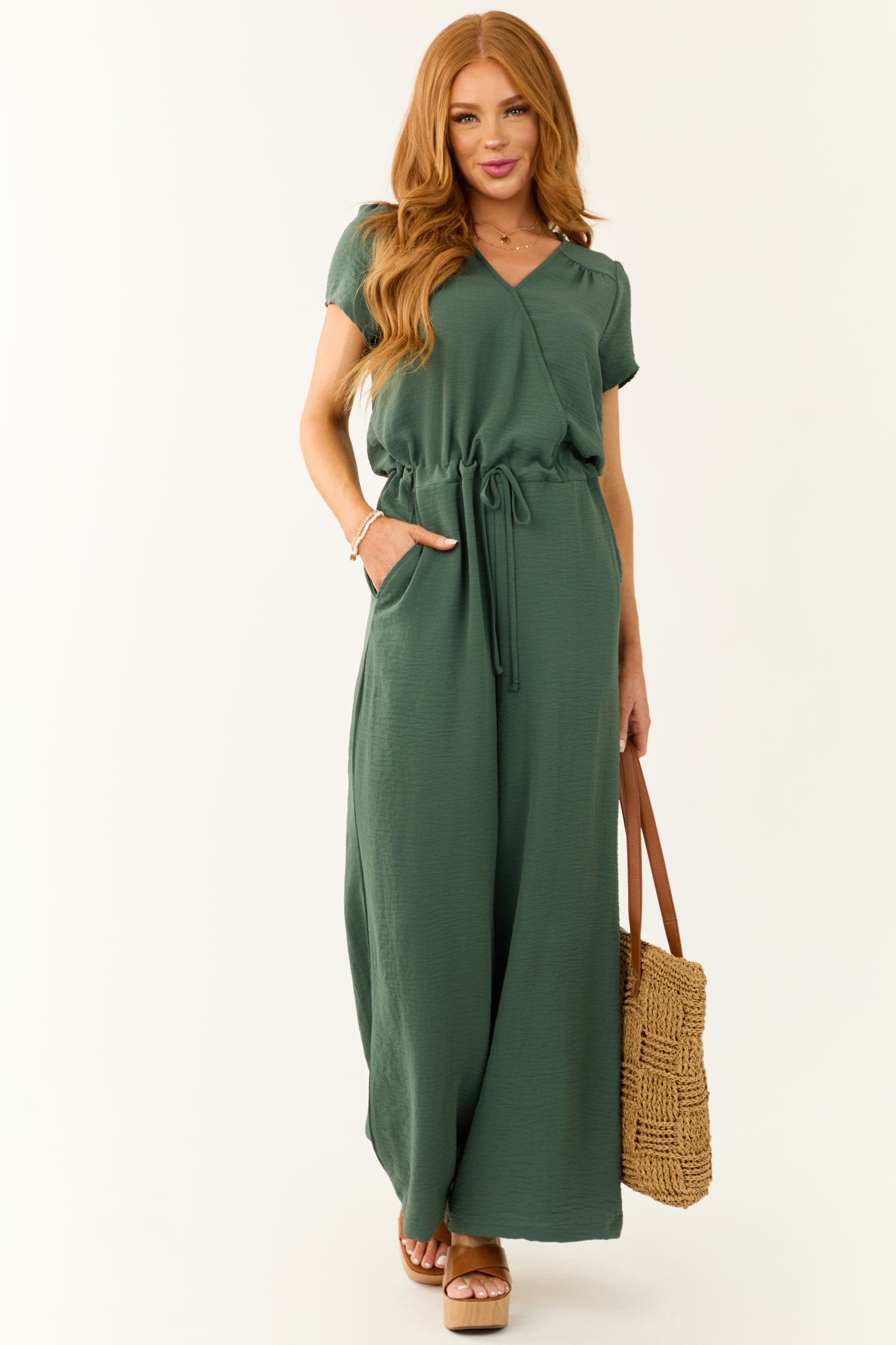 Dark Sage Surplice Wide Leg Crinkle Jumpsuit