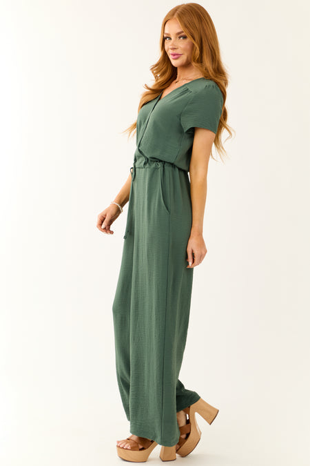 Dark Sage Surplice Wide Leg Crinkle Jumpsuit