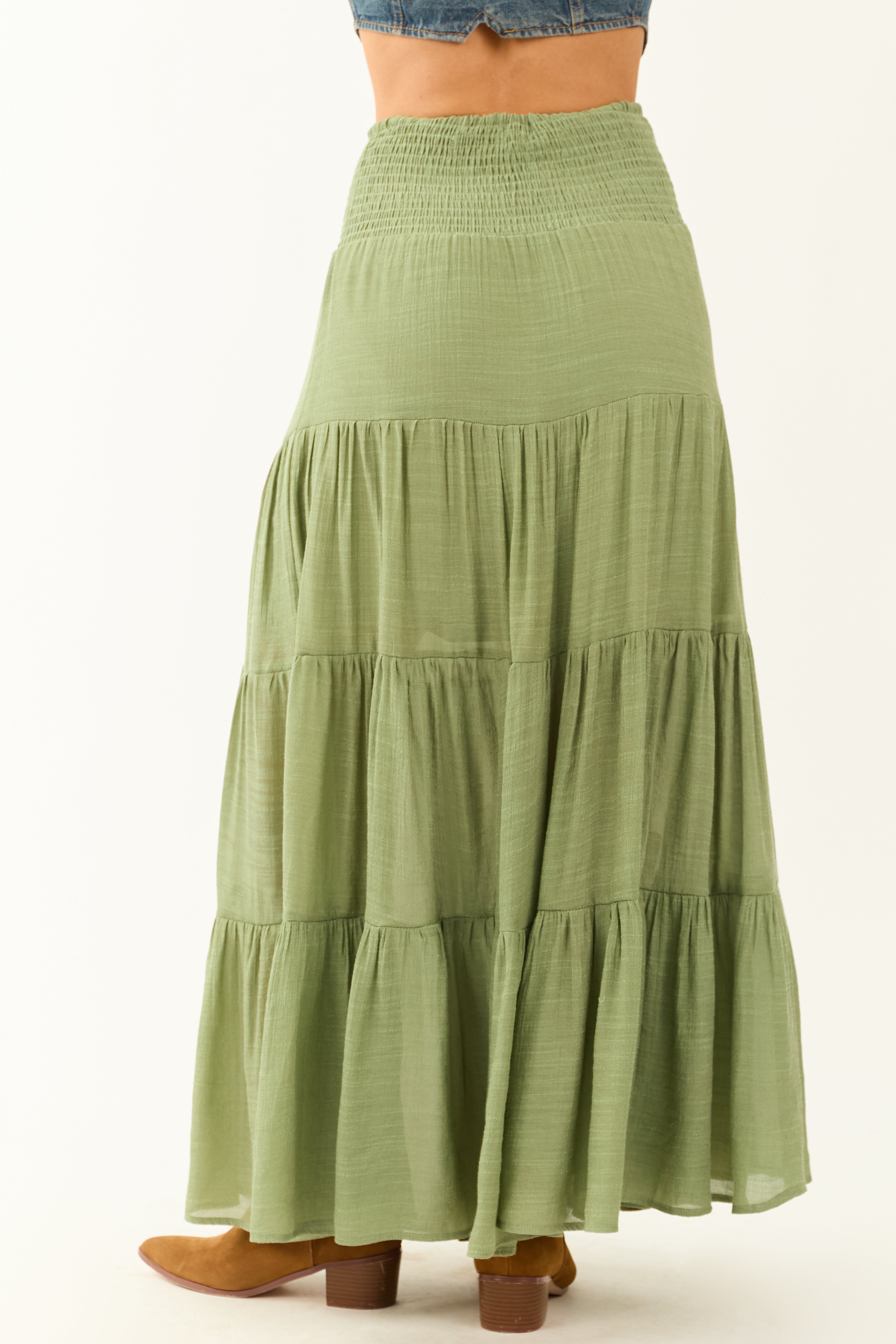 Dark Sage Tiered Smocked Drawstring Waist Maxi Skirt