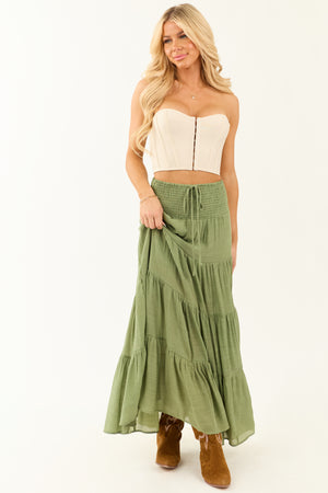 Dark Sage Tiered Smocked Drawstring Waist Maxi Skirt