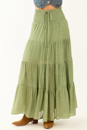 Dark Sage Tiered Smocked Drawstring Waist Maxi Skirt