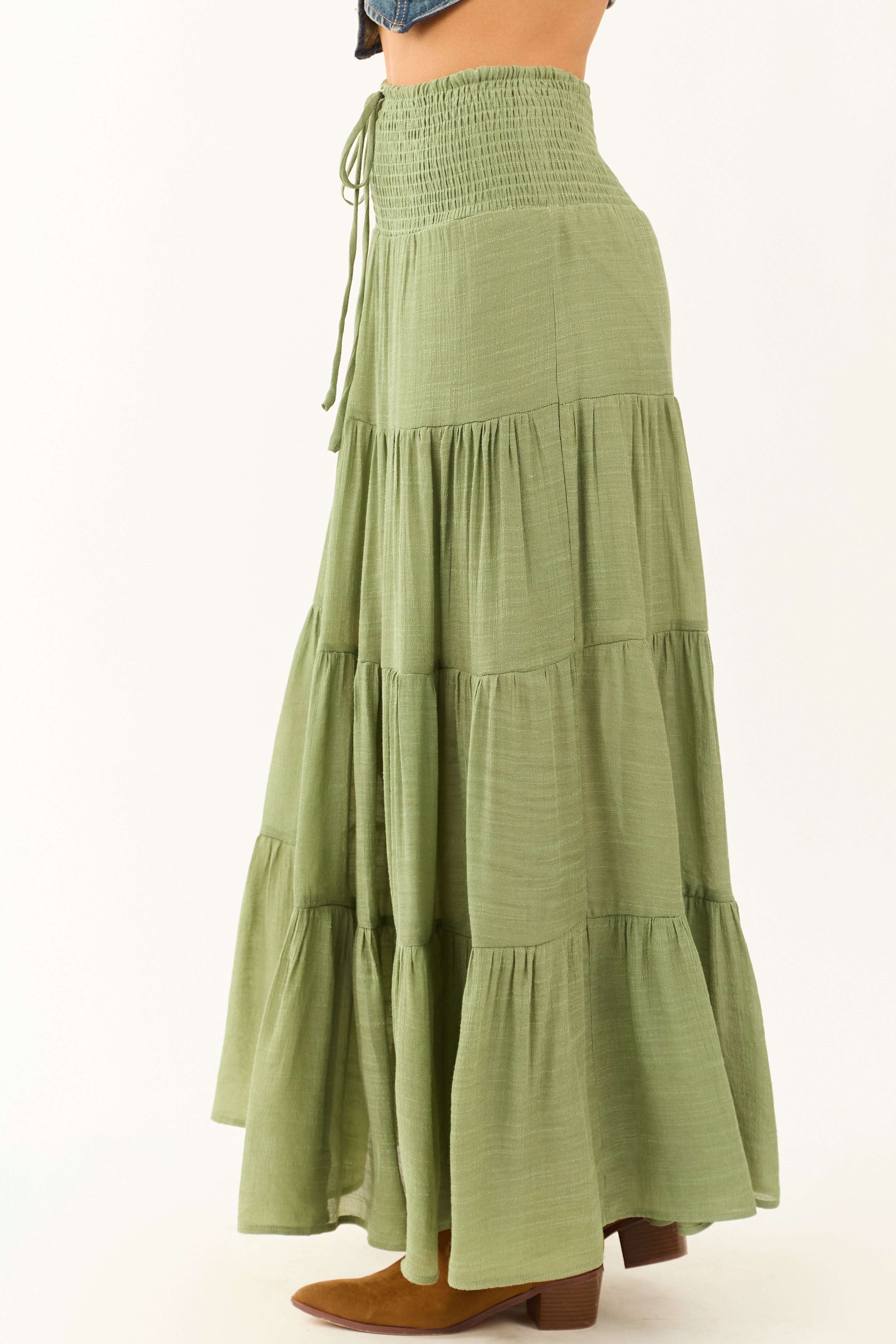 Dark Sage Tiered Smocked Drawstring Waist Maxi Skirt