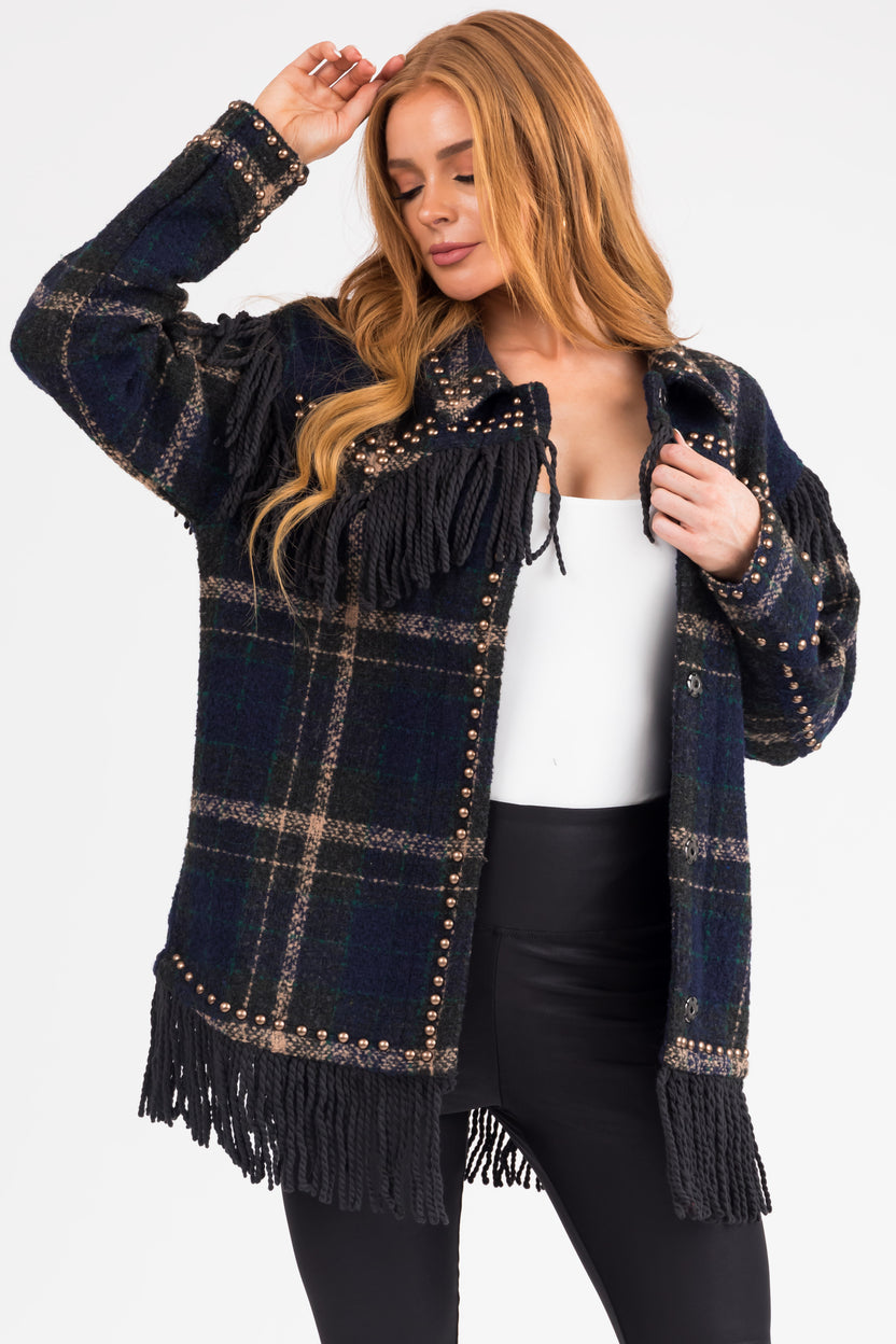 Dark Spruce Plaid Jacket with Fringe