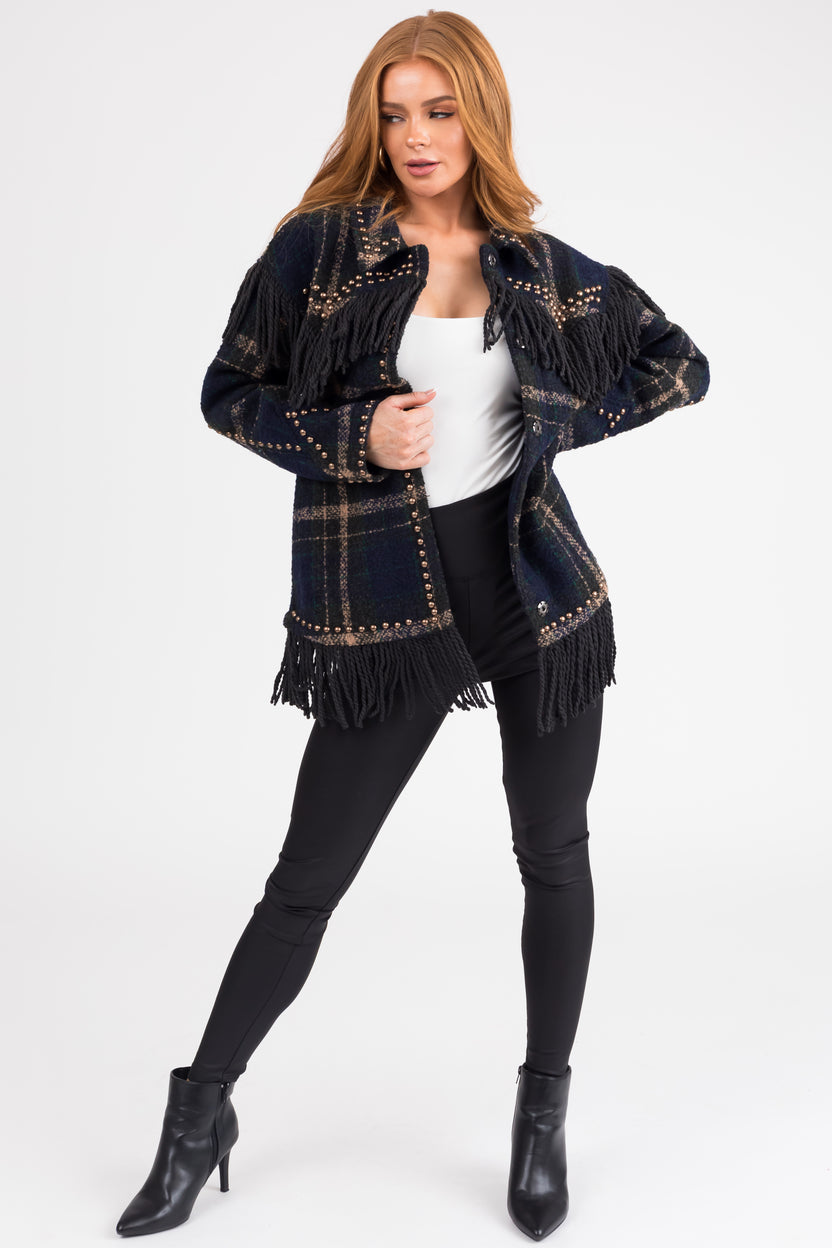 Dark Spruce Plaid Jacket with Fringe