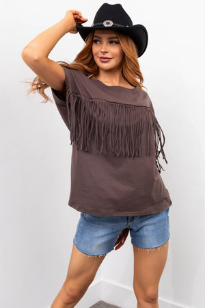 Dark Taupe Fringe Short Sleeve Knit Tee