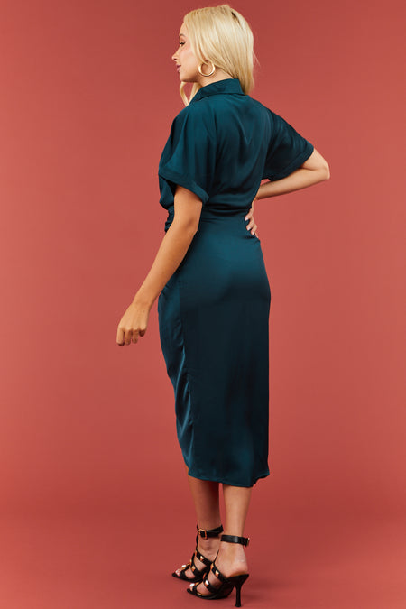 Dark Teal Button Down Front Tie Satin Midi Dress