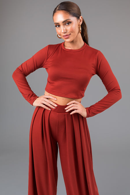 Dark Terracotta Soft Long Sleeve Top and Wide Pant Set