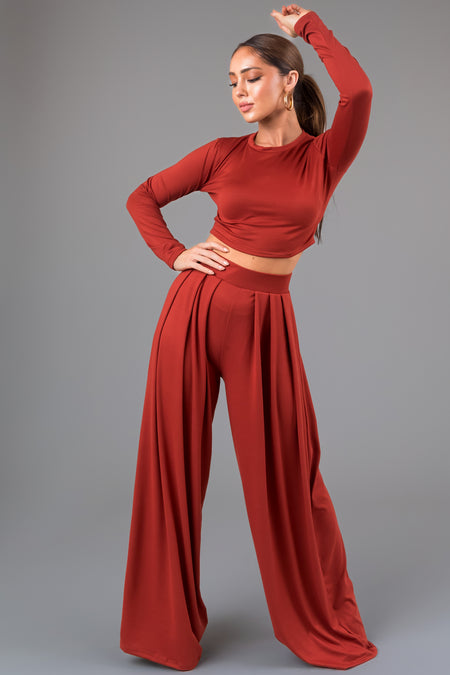 Dark Terracotta Soft Long Sleeve Top and Wide Pant Set