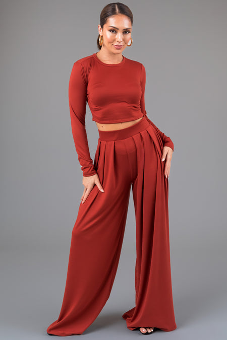 Dark Terracotta Soft Long Sleeve Top and Wide Pant Set