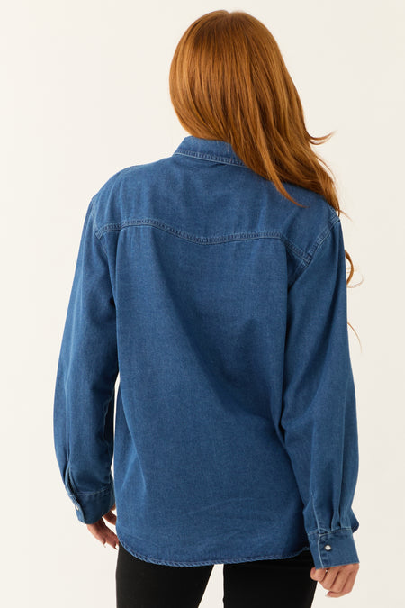 Dark Wash Chambray Button Down Long Sleeve Top