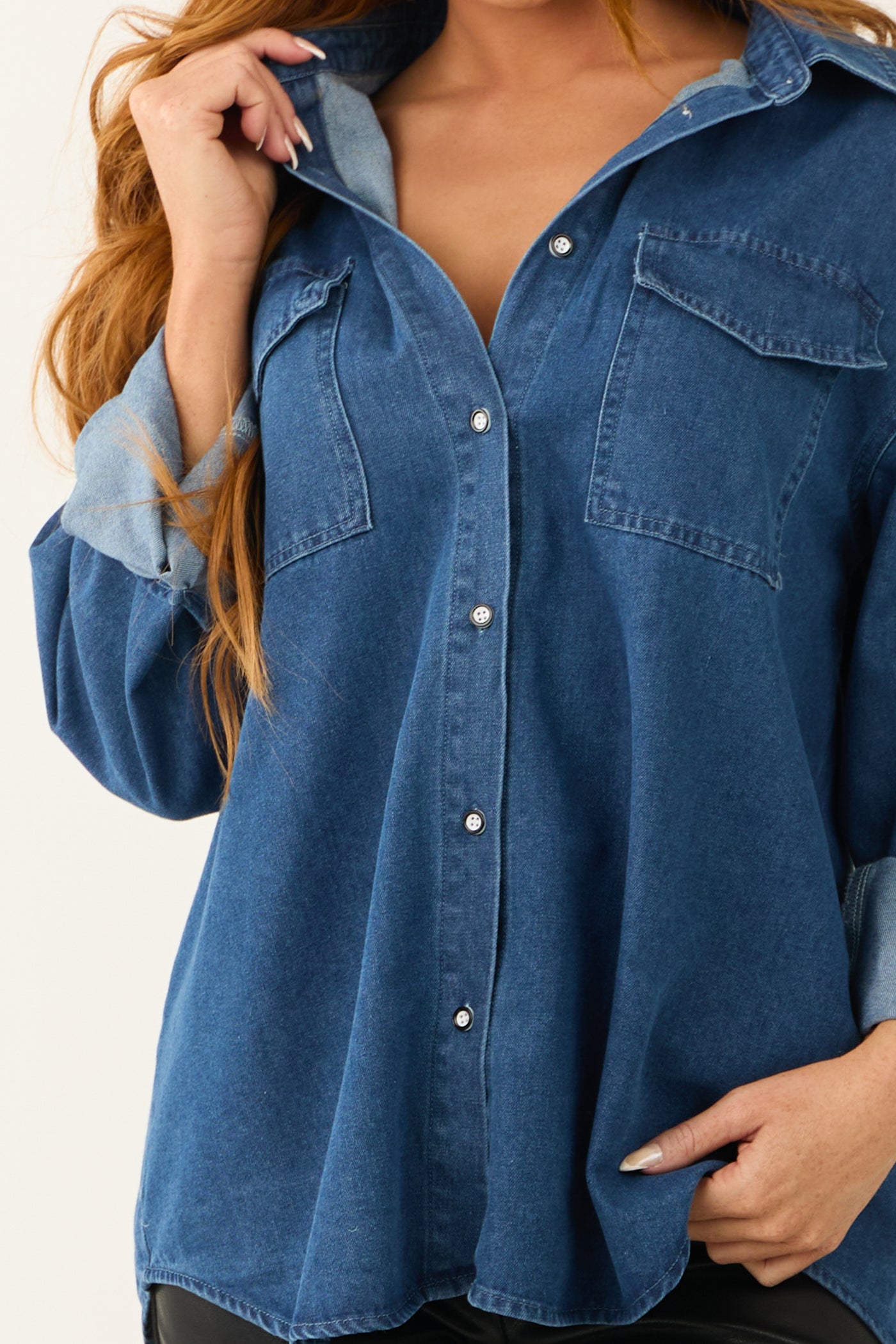 Dark Wash Chambray Button Down Long Sleeve Top