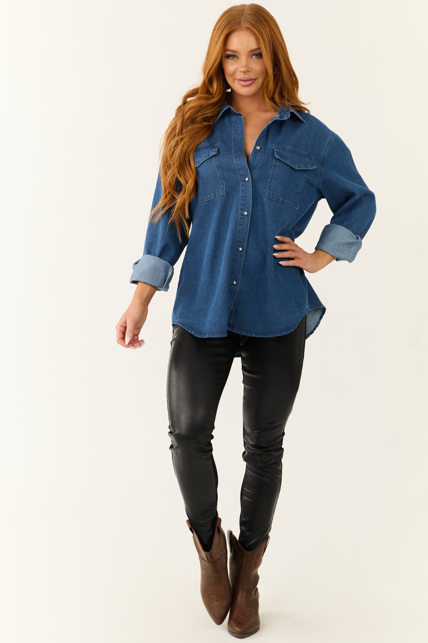 Dark Wash Chambray Button Down Long Sleeve Top