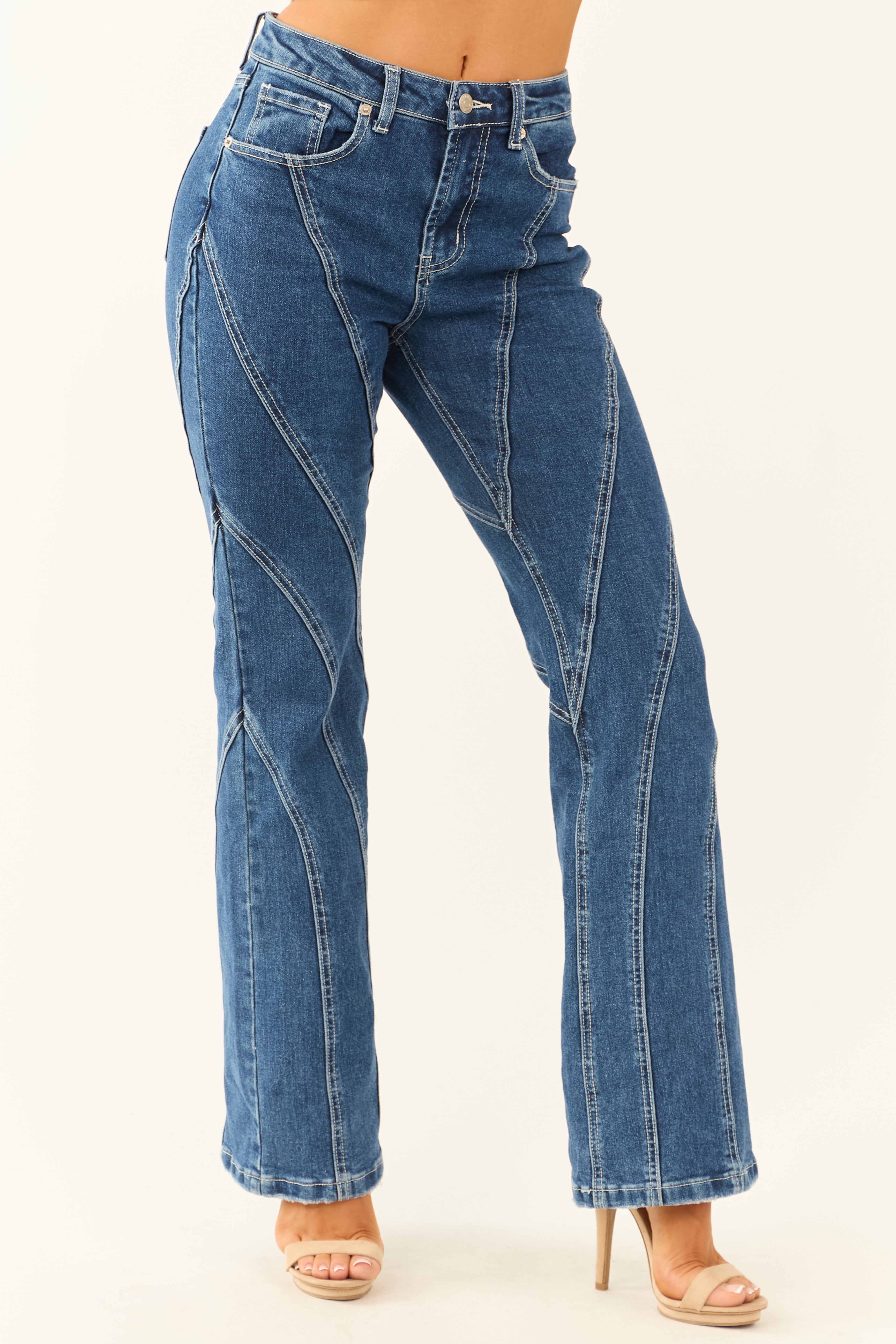 Dark Wash Contrast Stitching Bootcut Jeans