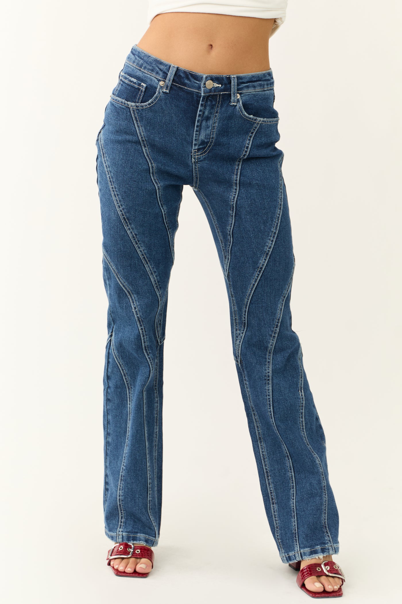 Dark Wash Contrast Stitching Bootcut Jeans