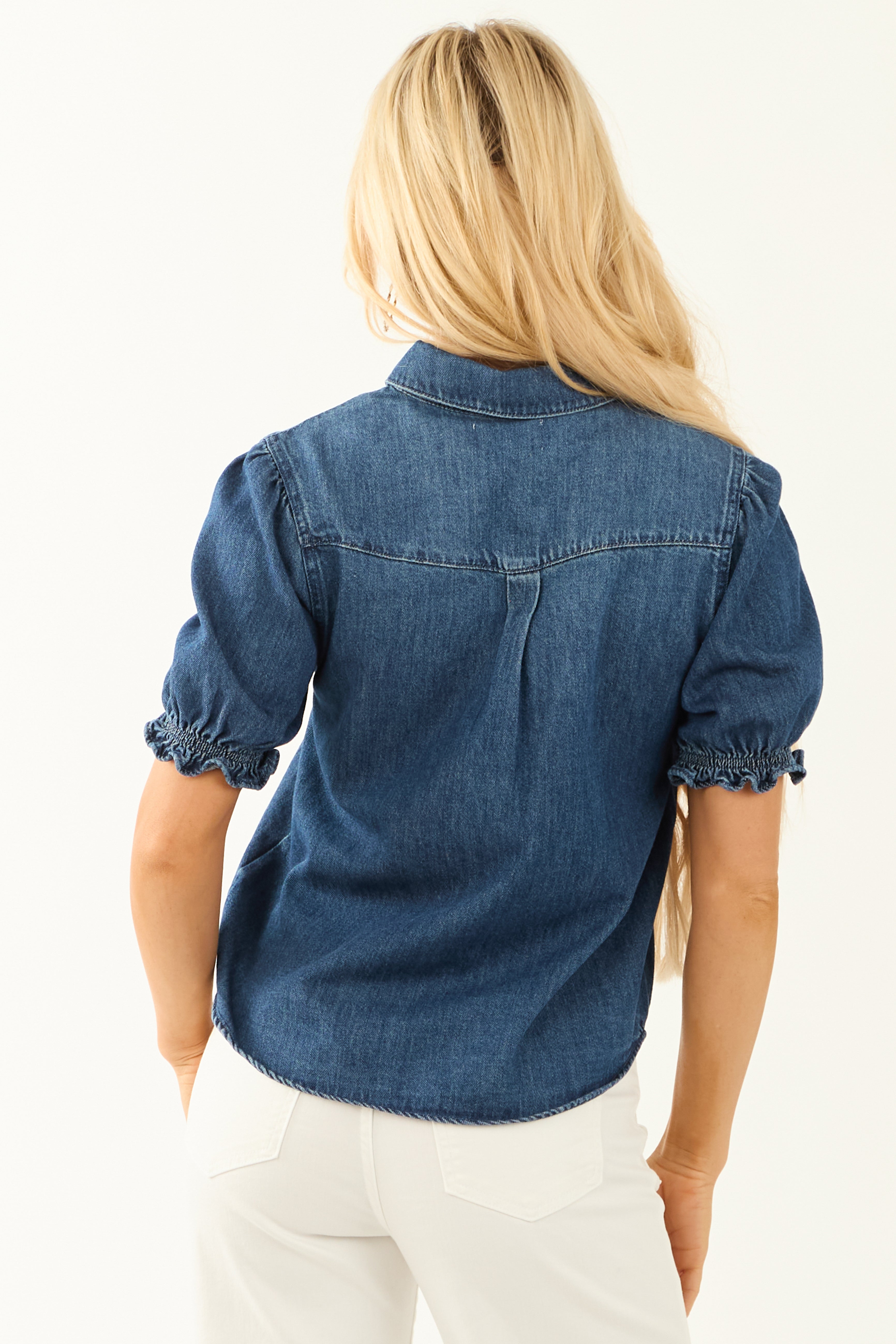 Dark Wash Denim Button Down Puff Sleeve Top