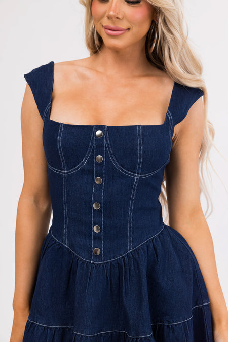 Dark Wash Denim Contrast Stitching Short Dress