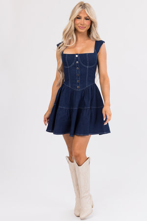 Dark Wash Denim Contrast Stitching Short Dress