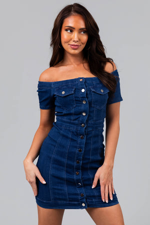 Dark Wash Denim Off Shoulder Button Mini Dress