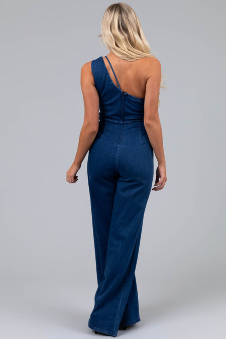 Dark Wash Denim One Shoulder Jumpsuit